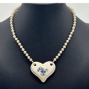 Ceramic Forget Me Not Heart Pendant Necklace W/Vintage Japan Faux Pearls & Clasp
